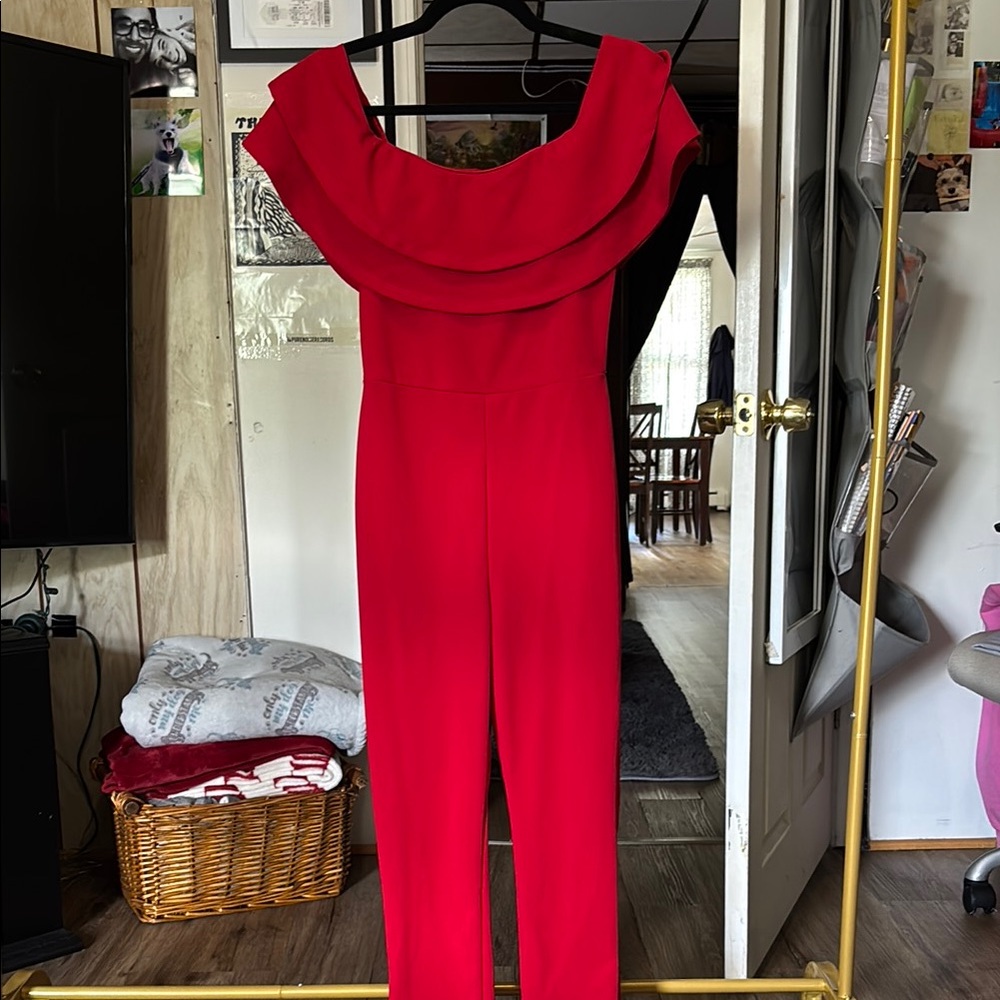 Fashion Nova Red Off-Shoulder Jumpsuit with Ruffle Detail